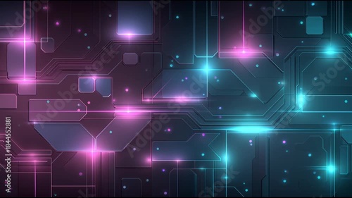 Futuristic neon circuit board with pulsating lights in motion