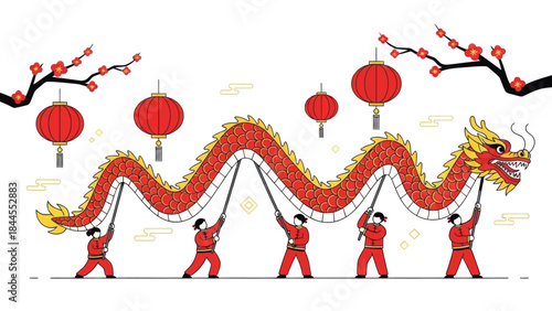 Festive Chinese New Year dragon dance with lanterns and cherry blossoms in