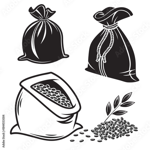 Set of six black and white silhouettes of grain sacks and coffee beans
