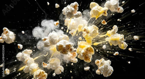A close-up of popcorn kernels bursting, white clouds of fluff flying through the air, with a dark backdrop.