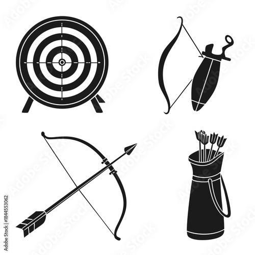Set of six black archery icons on white background 1