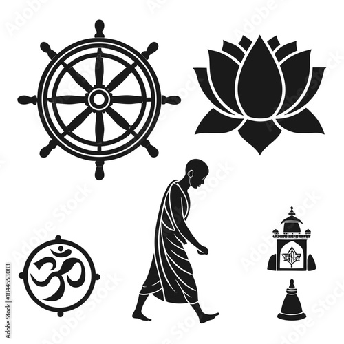Set of six black buddhist symbols on white background 1