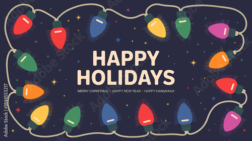 Happy Holidays Greeting Card with Colorful Christmas Lights