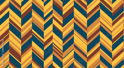Bold and vibrant seamless chevron pattern featuring dynamic diagonal stripes in a striking color combination of warm yellow, deep brown, and rich teal.