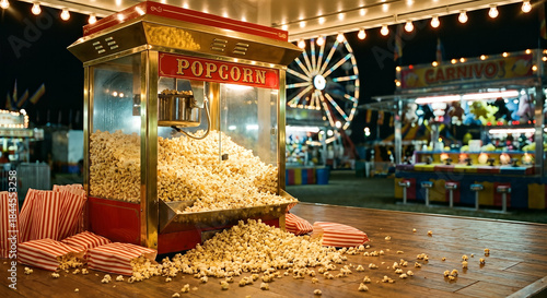 An overflowing vintage popcorn machine surrounded by scattered popcorn kernels. Carnival-like background