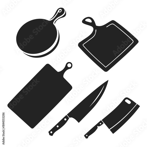 Set of six black kitchen chopping boards and knives silhouettes