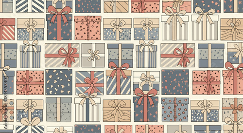 Festive seamless pattern featuring an charming assortment of gift boxes with decorative bows and diverse wrapping designs in a muted, elegant color palette.