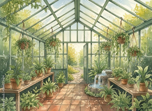 Lush Greenhouse Interior With Abundant Greenery Sunlight Streaming Through Glass Roof and Open Door Leading to Garden Pathway With Small Waterfall Feature