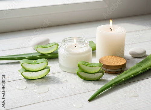 Natural Aloe Vera Slices With Burning Candles And White Stones On A White Wooden Surface With Natural Light From A Window