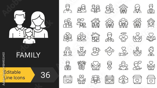 Modern outline vector icons depicting diverse family structures, relationships, and human connections, suitable for web, mobile, and print applications, emphasizing community and care