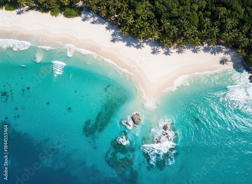 Aerial View Of A Tropical Beach With Turquoise Water Palm Trees And White Sand On A Sunny Day