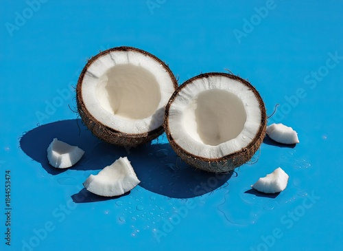 Fresh Ripe Coconut Halved on Bright Blue Surface with Small Chunks and Water Droplets Natural Light Casting Shadows