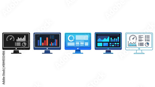 Sleek and solid digital monitors displaying diverse data analytics, financial insights, and business intelligence dashboards with clear visual presentations