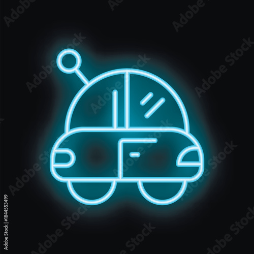 Blue neon sign of a funny cartoon car with an antenna on black background