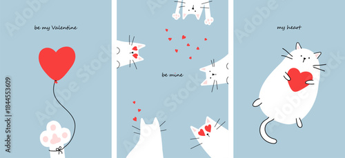 Set of vector Valentine's Day cards. Cute cats with hearts.