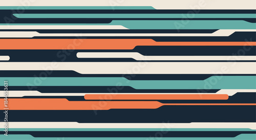 Contemporary horizontal stripe pattern with rounded, overlapping elements in a modern color palette of deep navy, teal, orange, and cream for a dynamic look.