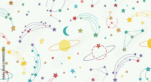 Charming seamless cosmic pattern featuring whimsical hand-drawn stars, shooting stars, constellations, crescent moons, and planets on a light background.