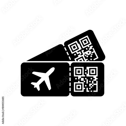 Black and white airplane tickets with QR codes icon