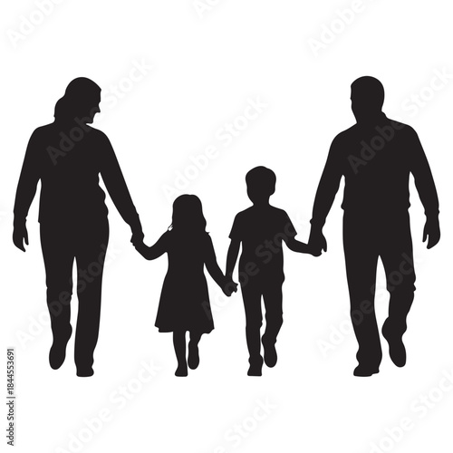 Family silhouette walking hand in hand parents and children concept of unity