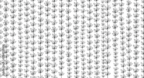 Elegant seamless pattern showcasing vertical rows of small, delicate leafy branches in a minimalist black and white design for refined aesthetics.