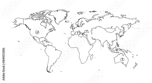 Detailed black and white outline map of the world featuring highlighted locations in North America and Australia, indicating specific points of interest.