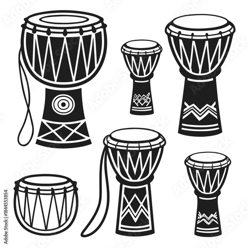 Set of tribal drums with geometric patterns rhythm