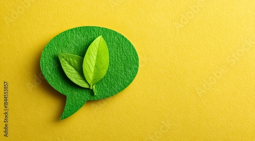 Green leaf is on top of a green speech bubble. The leaf is on the bubble and the bubble is on the yellow background