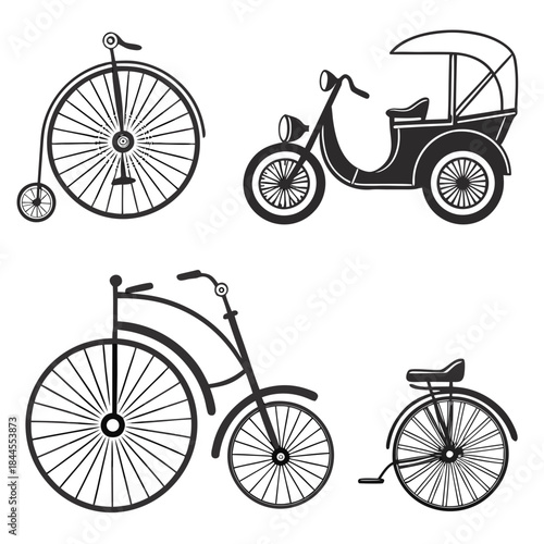 Set of vintage bicycle silhouettes and auto rickshaw