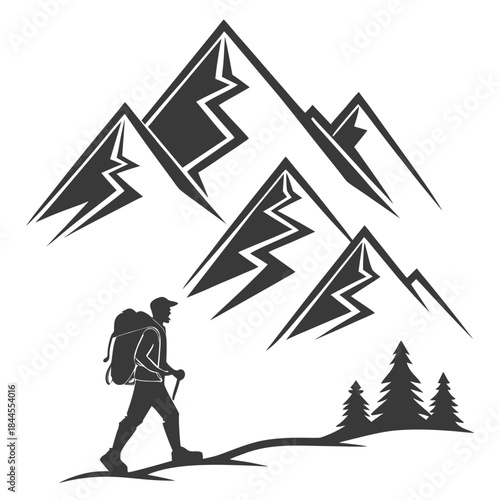 Silhouette hiker with backpack and trekking poles against abstract mountains