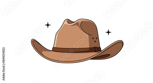 A classic brown cowboy hat with a dark band, illustrated in a simple, clean cartoon style with sparkle effects.