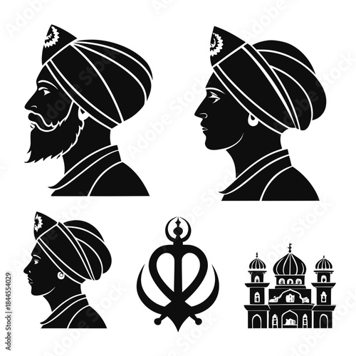 Sikh cultural icons silhouettes turbaned men khanda and temple