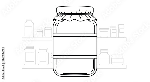A black and white outline of a glass jam jar with a fabric cover and a blank label, against a background of pantry shelves.