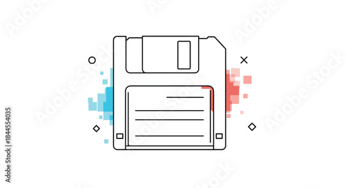 Minimalist outline of a floppy disk, a symbol for saving data, with abstract blue and red pixelated accents in the background.