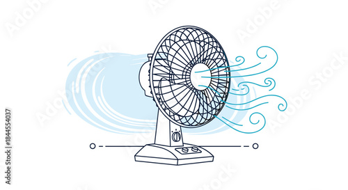 Line art illustration of an electric table fan blowing cool air, with a stylized wind effect on a white background.
