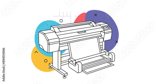 Line art illustration of a large format printer or plotter, with colorful abstract shapes in the background, for printing services.