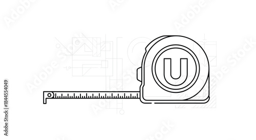 An outline of a retractable tape measure, a tool for construction and design, with faint architectural drawings in the background.