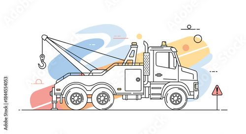 A line art illustration of a heavy-duty tow truck, with colorful abstract shapes and a warning sign in the background.