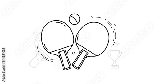 Line art icon of two table tennis or ping pong paddles with a ball, and a faint trophy in the background.