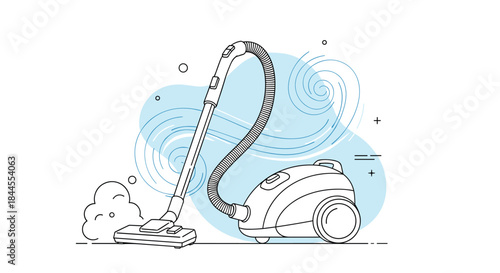 Line art illustration of a vacuum cleaner in action, sucking up dust with stylized swirls of air in the background.