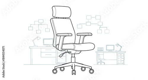 A detailed line art illustration of a modern ergonomic office chair, set against a faint background of a desk and workspace.