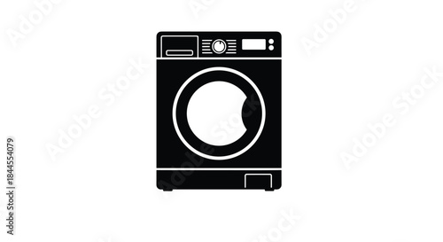 A black silhouette icon of a modern front-loading washing machine, representing laundry, appliances, and household chores.