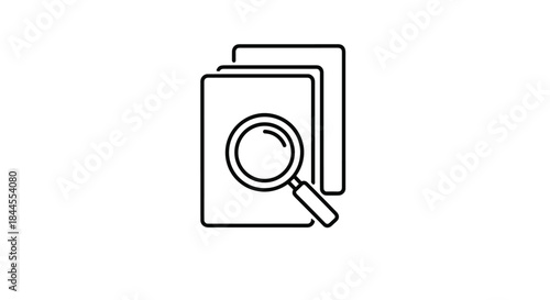 A minimal line icon of stacked documents with a magnifying glass, representing search, review, and data analysis.