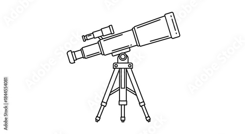 A black and white line art illustration of a telescope on a tripod, a symbol of astronomy, science, and discovery.