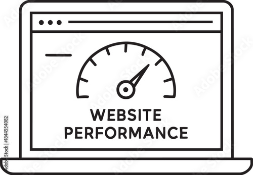 A laptop screen displays a speed gauge with the words website performance shown prominently