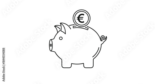 A simple black and white outline of a piggy bank with a Euro coin being inserted, symbolizing saving money and finance.