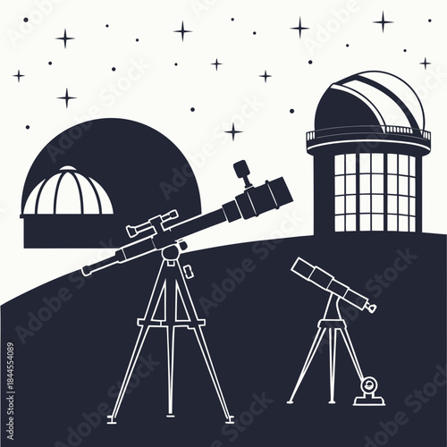 Silhouette telescopes and observatories against starry sky