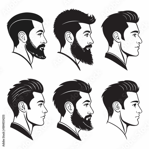 Six black and white male profile silhouettes hairstyles beards