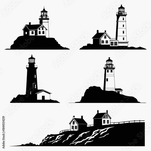 Six black and white lighthouse silhouettes on rocky shores