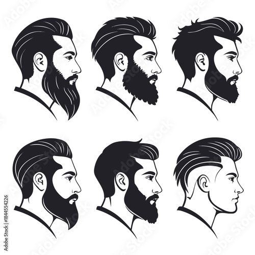 Six black and white male profile silhouettes with various hairstyles and beards