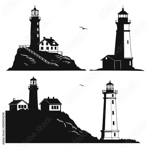 Six black and white silhouettes of lighthouses and sea cliffs